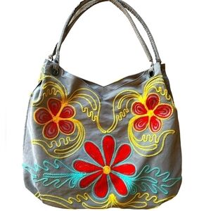 Canvas-Bamboo Double Sided Embroidery Hobo Bag with Full Zip Closure-Siz…